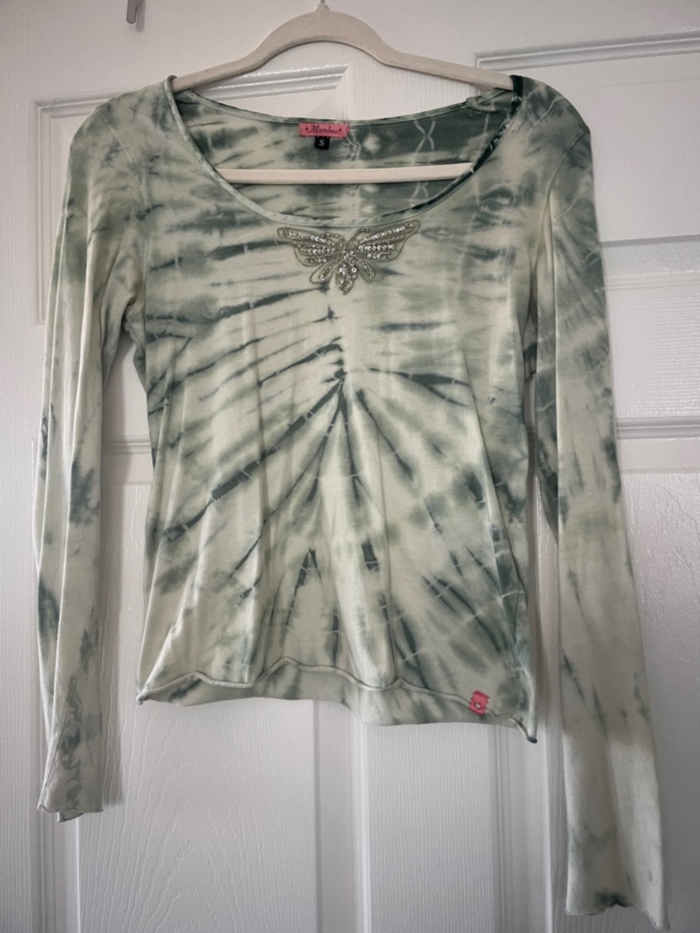 Mudd Green Tie-Dye Long Sleeve Top with Crystal Butterfly